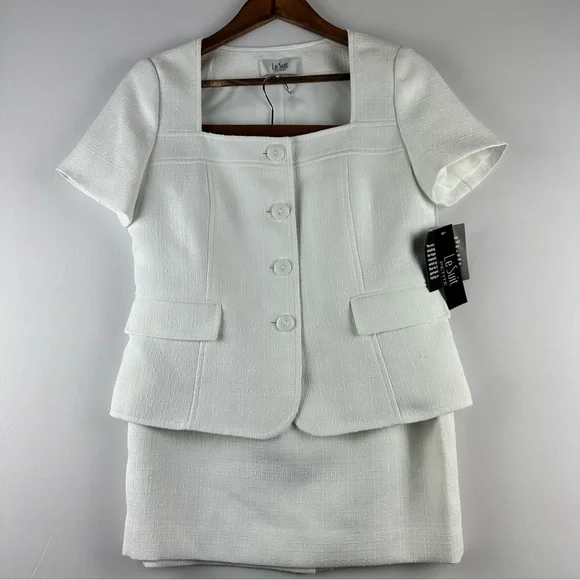 LE SUIT Women Tweed Square Neck Button Front Jacket and Slim Skirt Set Petite - Picture 3 of 16